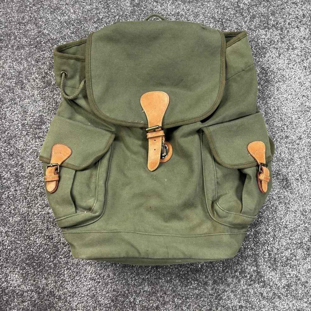Vintage Gap Rucksack Backpack Bag Green Canvas Leather Outdoors Hiking